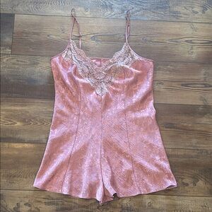 Elegant Pink Lace Trim Satin Romper
